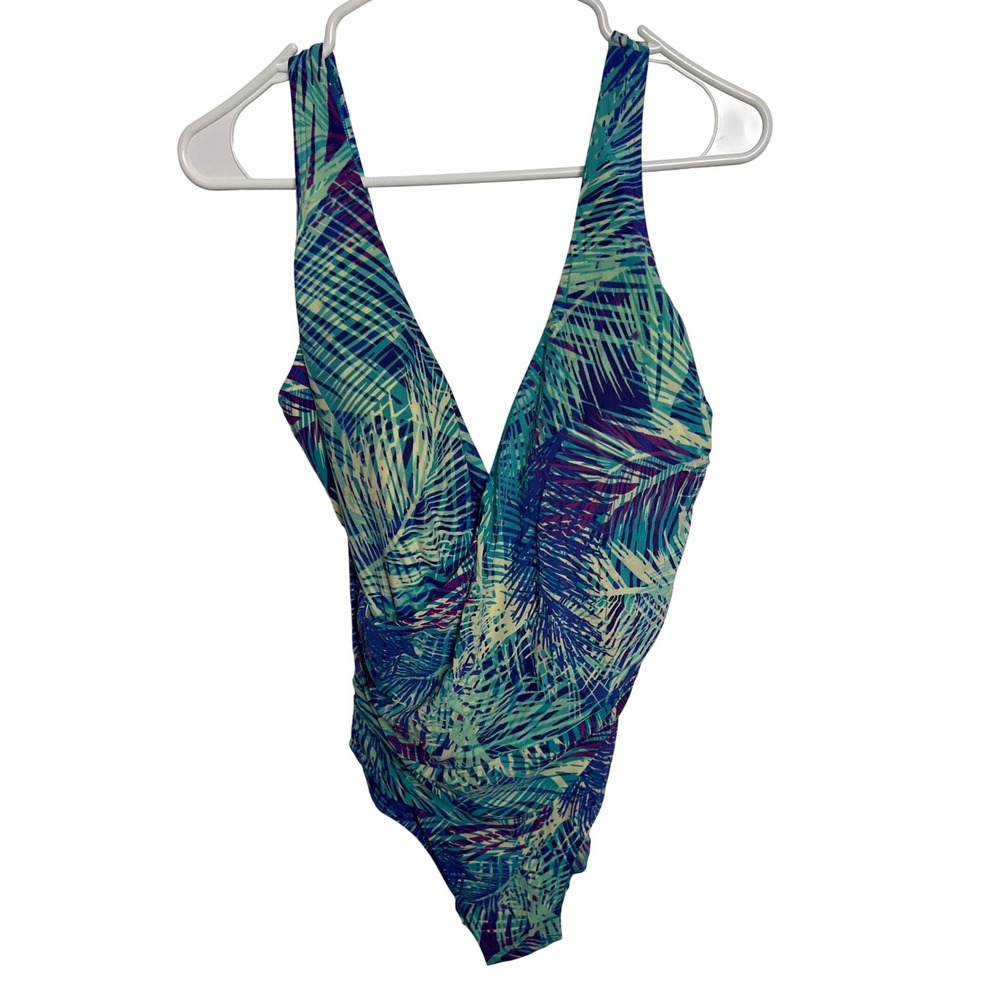 LL Bean Womens Blue‎ Tropical Palm Wrap One Piece Swimsuit UPF 50+16 Resortwear